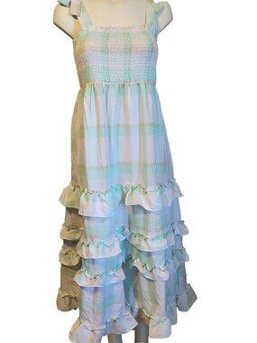 NWOT By the River Maxi Dress Ruffled Plaid White & Pale Green Size Large